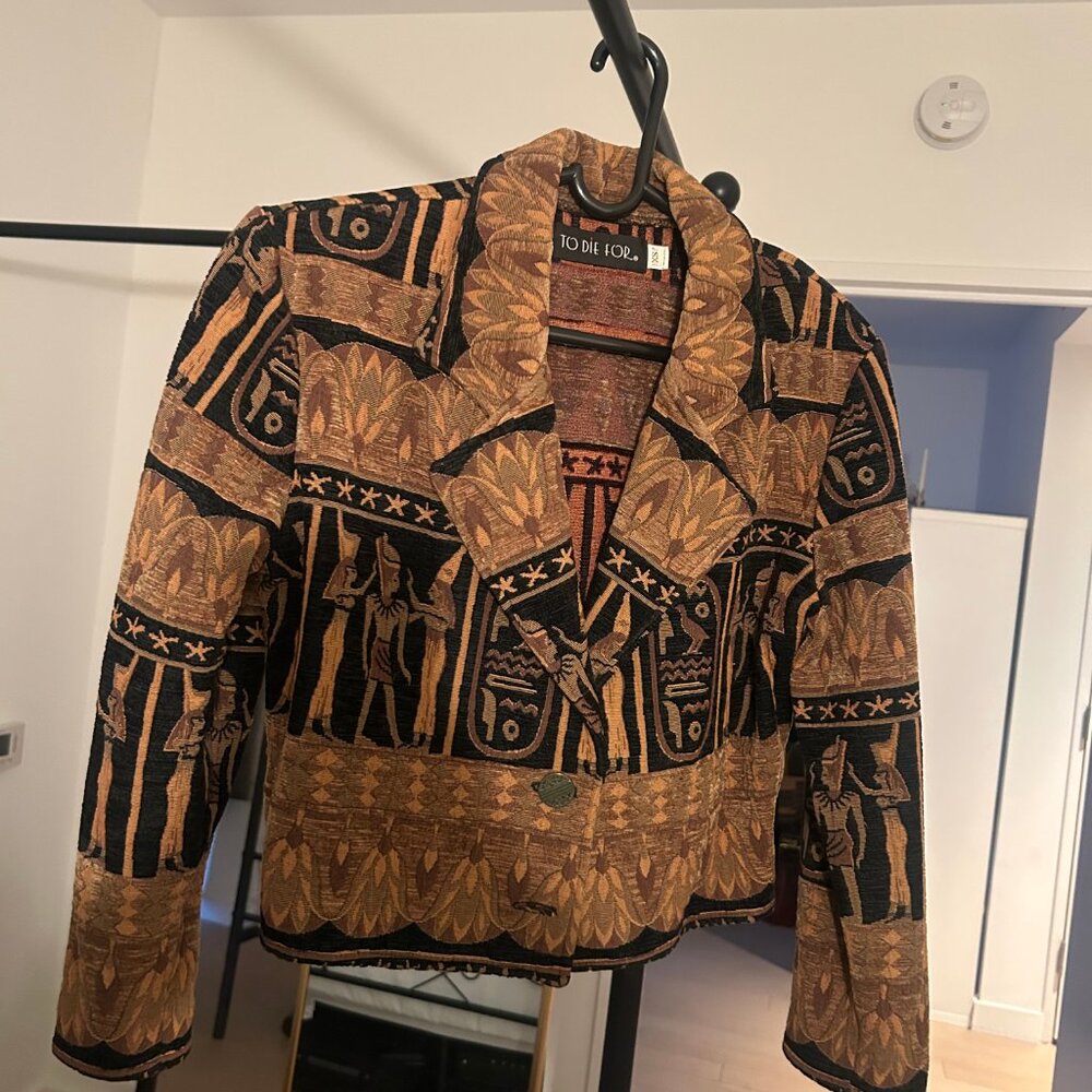 VINTAGE TO DIE FOR TAPESTRY AZTEC EGYPTIAN PATTERN JACKET SIZE XS. 90s STYLE
